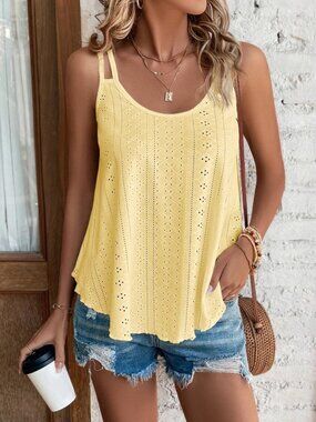 Yellow Boho Women's Eyelet Embroidery Cami Top